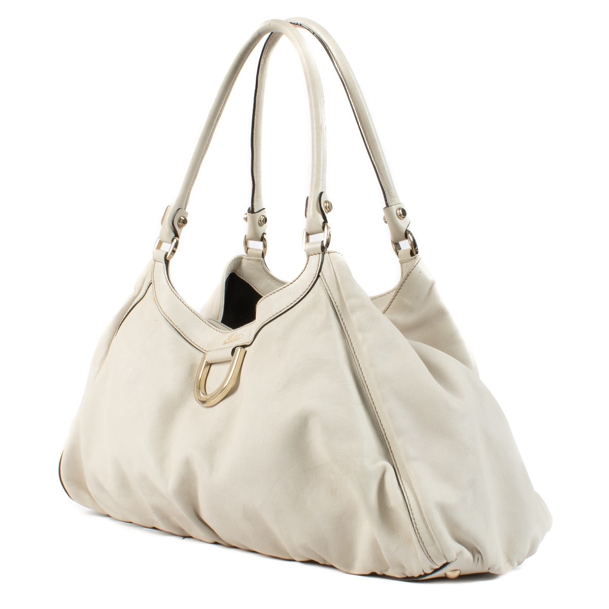 Shop safe online at Labellov in Antwerp, Brussels and Knokke this 100% authentic second hand Gucci White Abbey D-Ring Hobo Bag