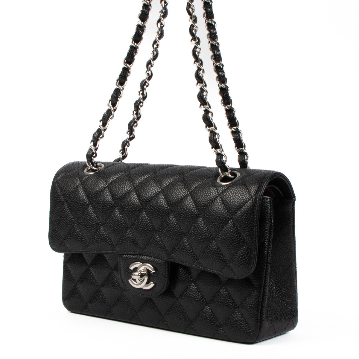 Chanel Black Caviar Small Classic Flag Bag PHW for the best price available at Labellov secondhand luxury.