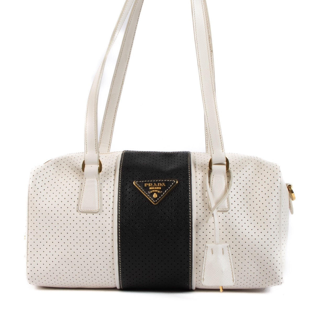 Shop 100% authentic second-hand Prada White/Black Perforated Saffiano Leather Boston Bag on Labellov.com
