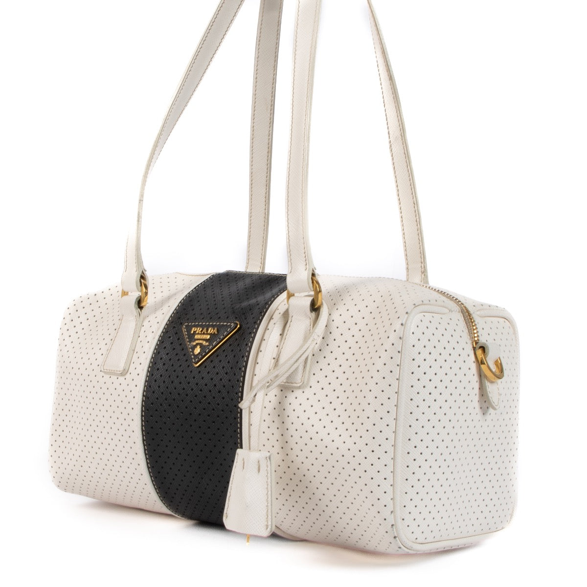 Shop 100% authentic second-hand Prada White/Black Perforated Saffiano Leather Boston Bag on Labellov.com