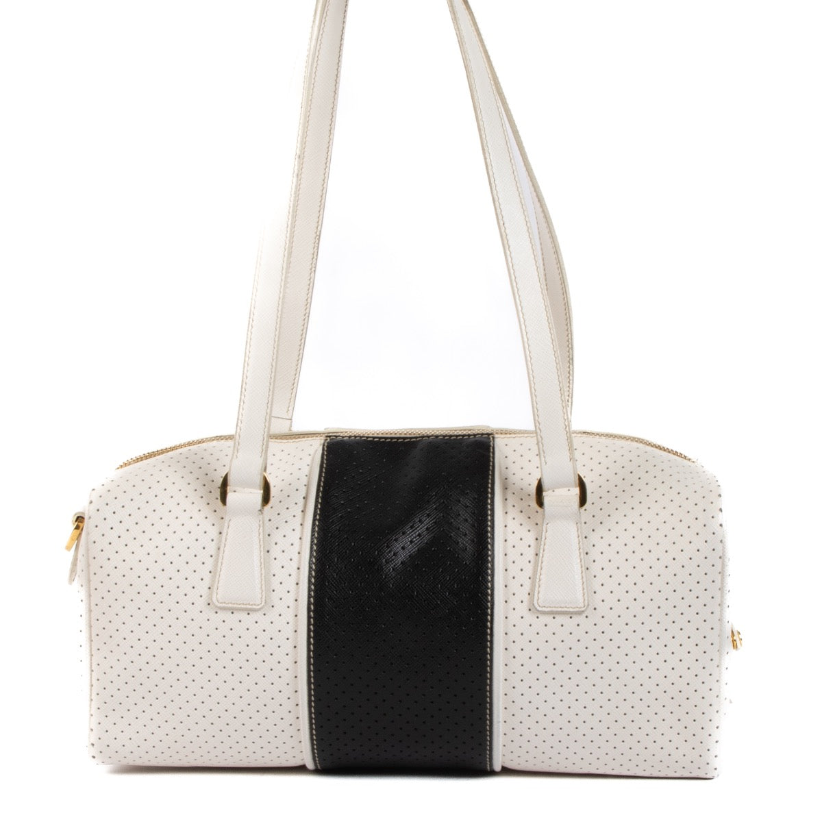 Shop 100% authentic second-hand Prada White/Black Perforated Saffiano Leather Boston Bag on Labellov.com