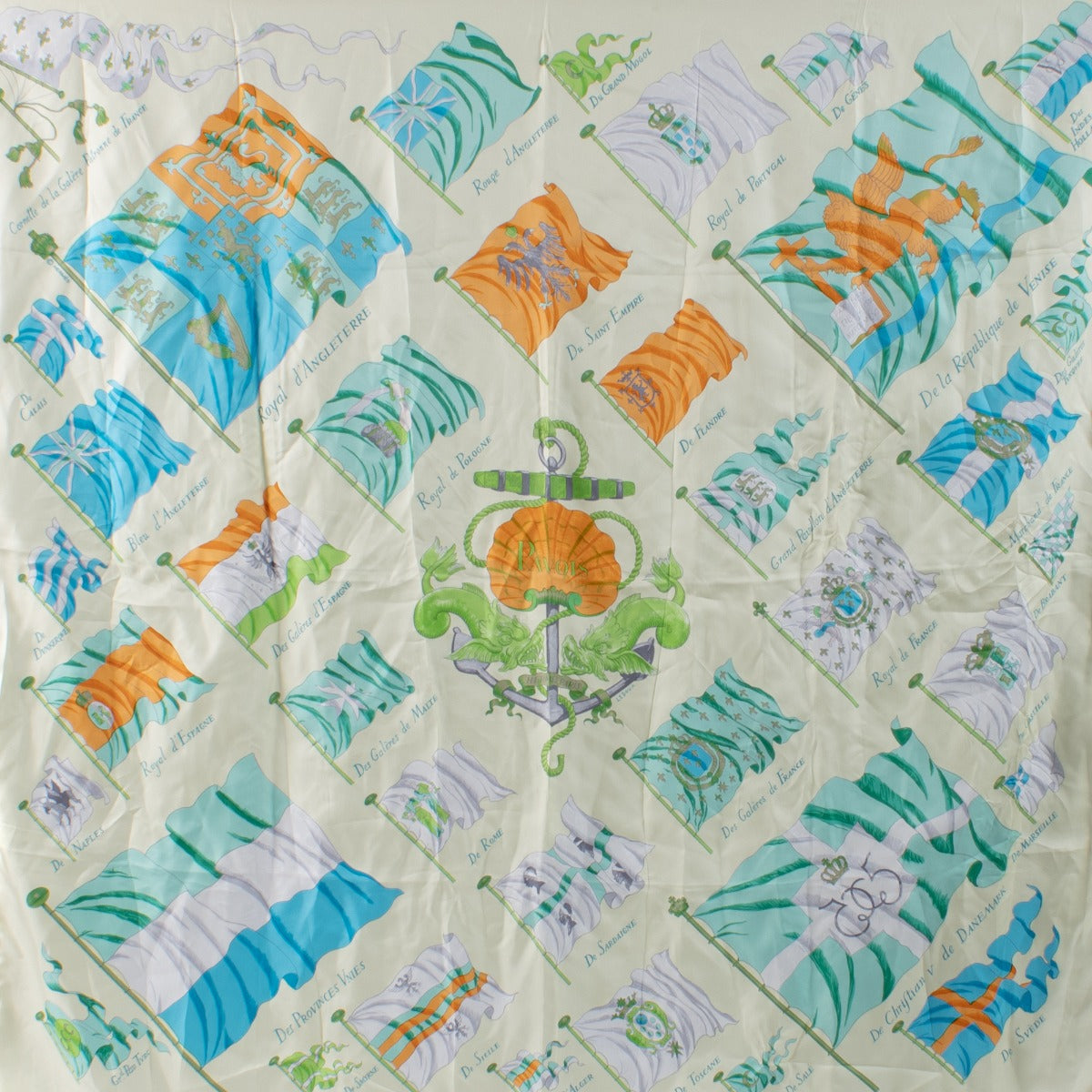 Shop safe online at Labellov in Antwerp, Brussels and Knokke this 100% authentic second hand Hermès Pestel Yellow Pavois 90 Silk Scarf