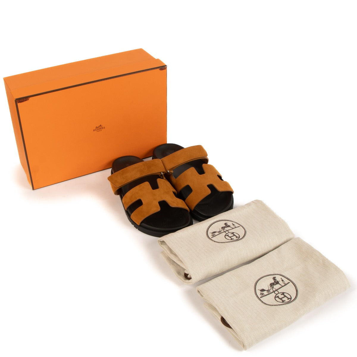 Hermès Gold Suede Chypre Sandals