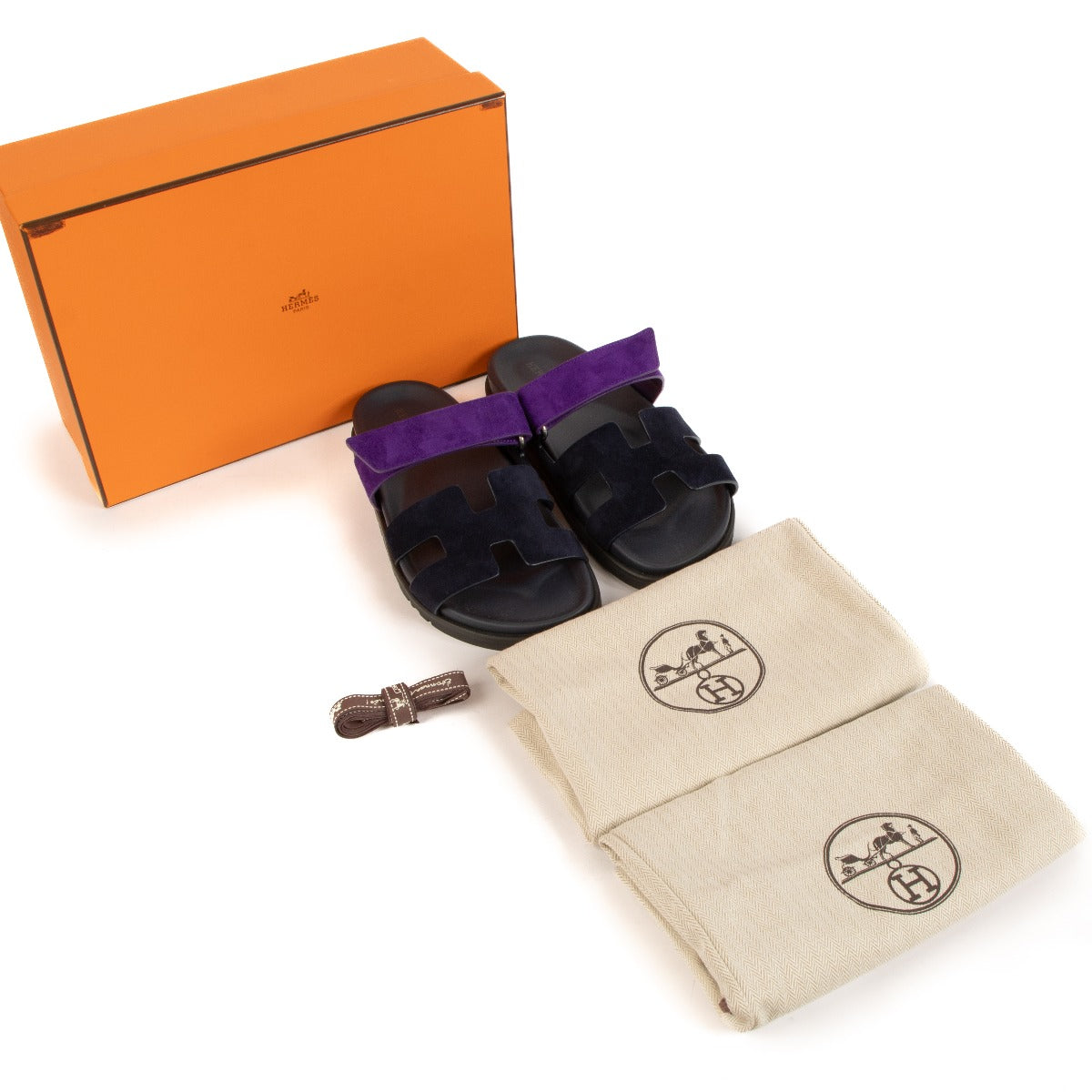 Hermès Marine/Violet Majorette Suede Chypre Sandals