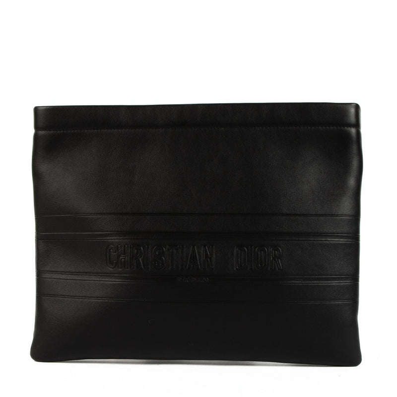 Christian Dior Black Leather Striped Pouch Clutch