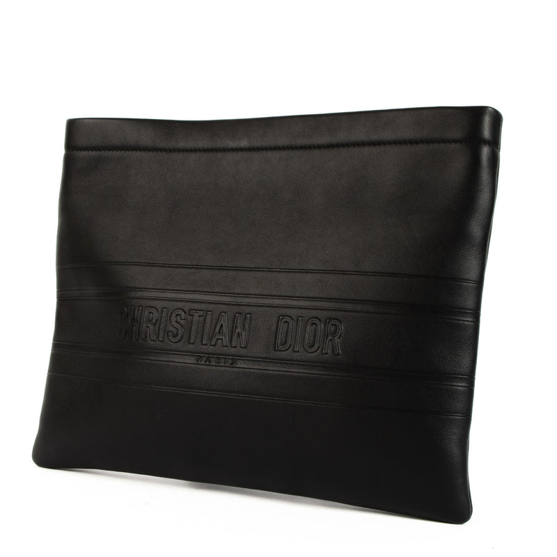 Christian Dior Black Leather Striped Pouch Clutch