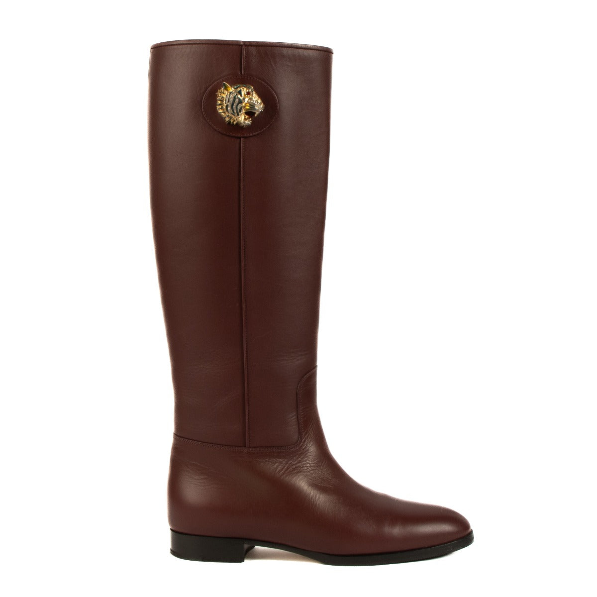 Gucci Burgundy Leather Tiger Motif Knee-High Boots