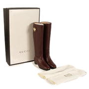 Gucci Burgundy Leather Tiger Motif Knee-High Boots