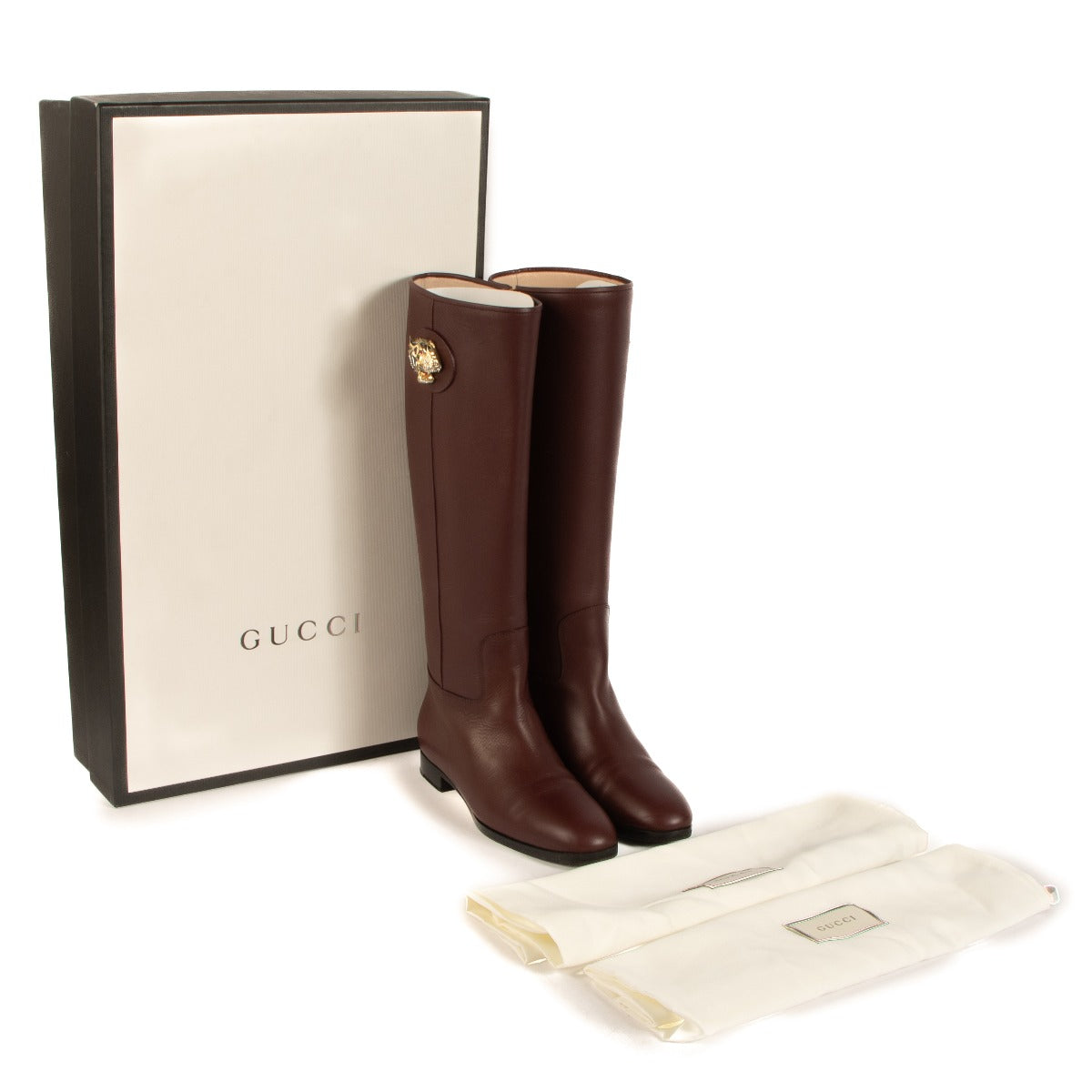 Gucci Burgundy Leather Tiger Motif Knee-High Boots