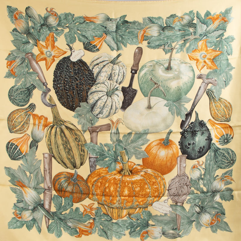 shop 100% authentic second-hand Hermès Yellow Citrouilles & Coloquintes Silk Carré 90 Scarf on labellov.com