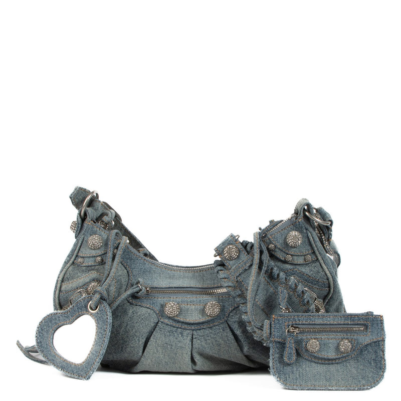 Shop safe online at Labellov in Antwerp, Brussels and Knokke this 100% authentic second hand Balenciaga Blue Denim Rhinestone Le Cagole Small Bag