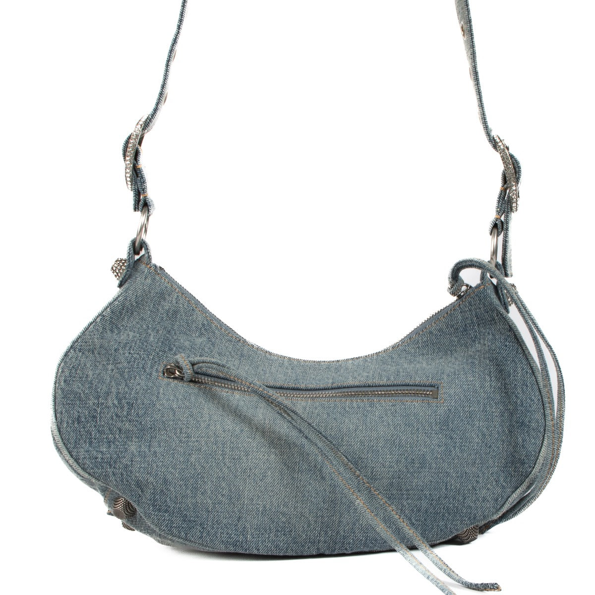 Shop safe online at Labellov in Antwerp, Brussels and Knokke this 100% authentic second hand Balenciaga Blue Denim Rhinestone Le Cagole Small Bag
