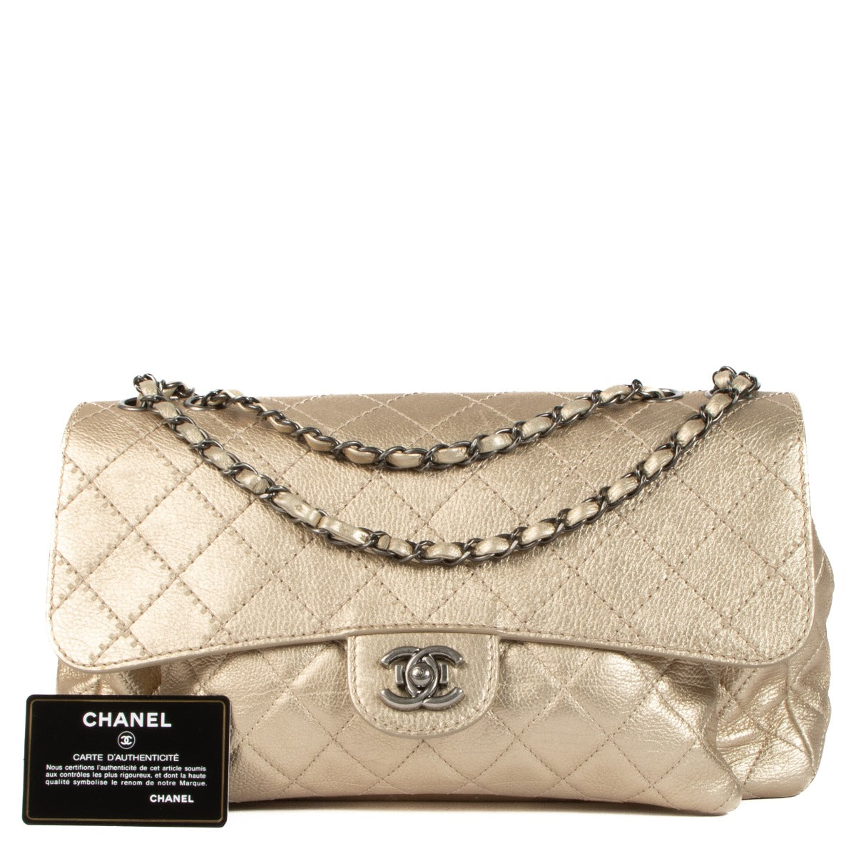 Shop safe online at Labellov in Antwerp, Brussels and Knokke this 100% authentic second hand Chanel Gold Leather Large Flap Bag