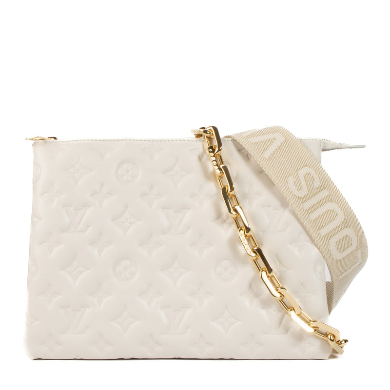 Shop safe online at Labellov in Antwerp, Brussels and Knokke this 100% authentic Louis Vuitton Creme Leather Coussin PM Bag