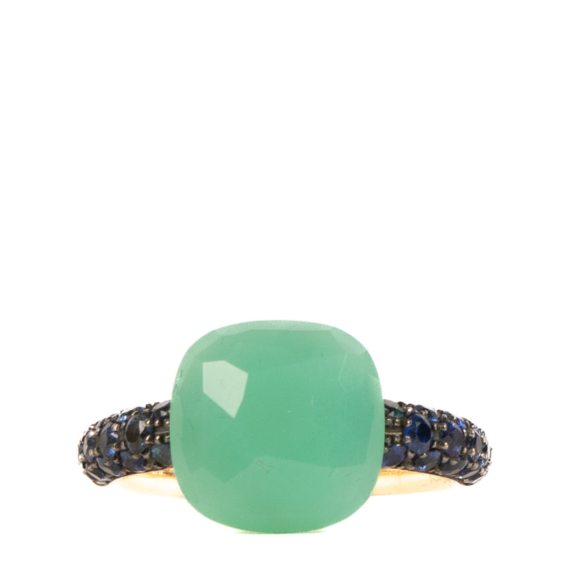 Shop safe online at Labellov in Antwerp, Brussels and Knokke this 100% authentic second hand Pomellato Rose Gold Chrysoprase/Blue Sapphires Capri Ring - size 52