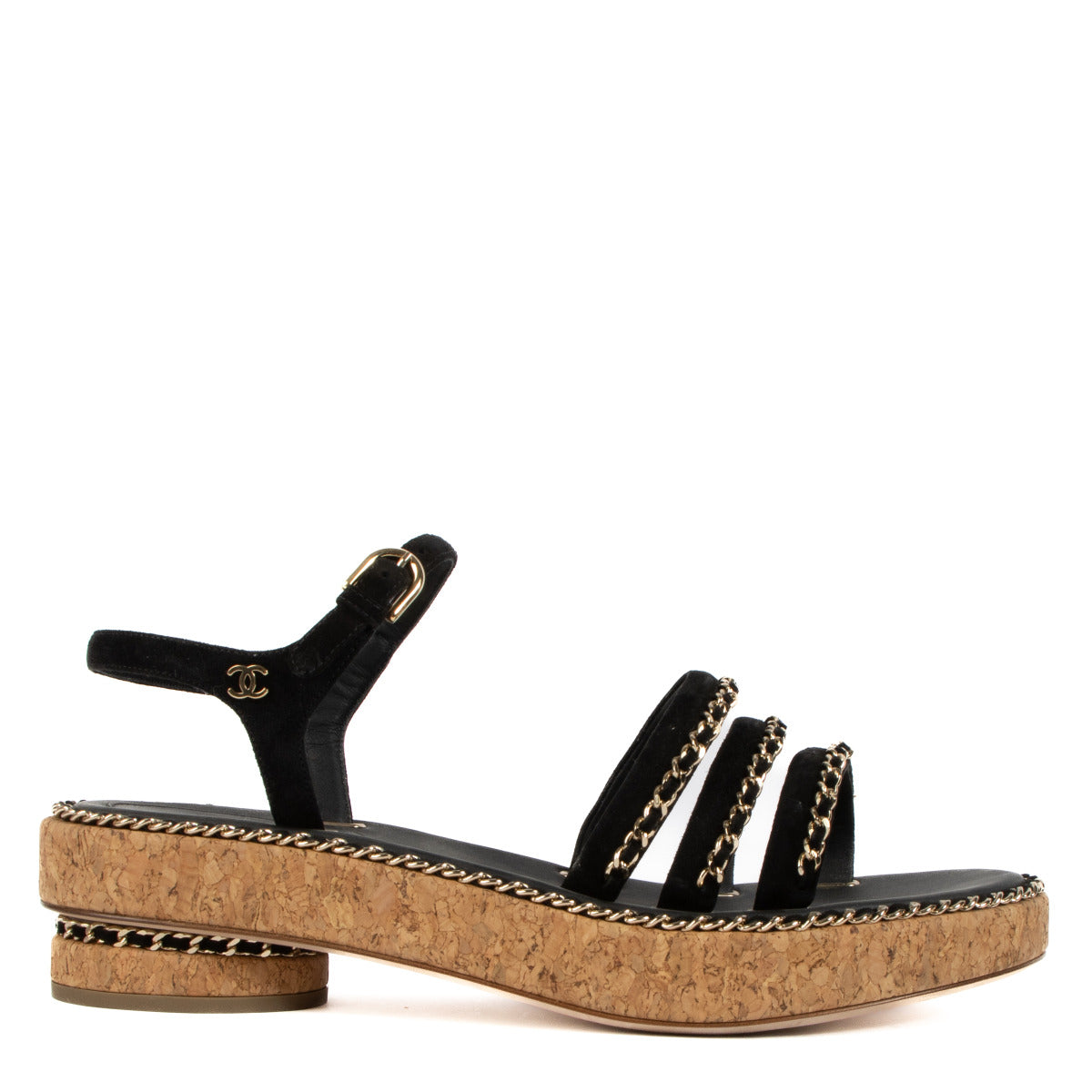 Sandales Chanel en liège à chaîne noire - taille 39,5