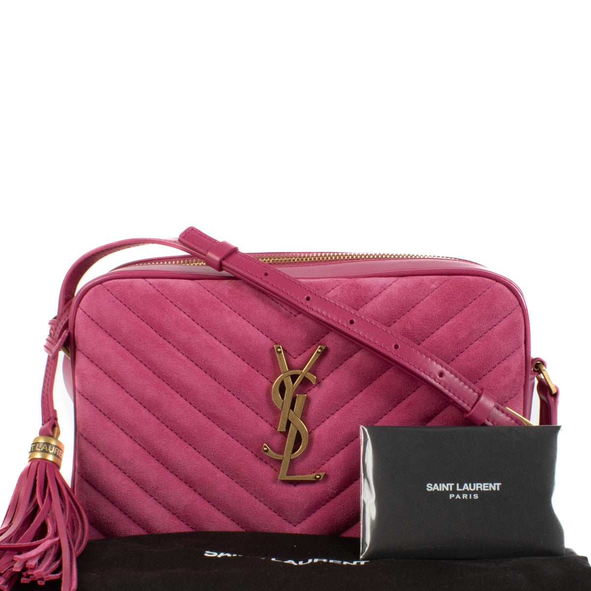 Shop safe online at Labellov in Antwerp, Brussels and Knokke this 100% authentic second hand Saint Laurent Pink Suede/Leather Lou Camera Bag