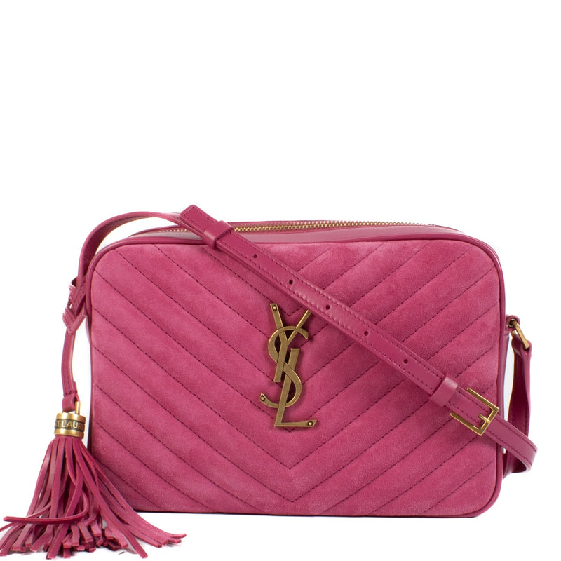 Shop safe online at Labellov in Antwerp, Brussels and Knokke this 100% authentic second hand Saint Laurent Pink Suede/Leather Lou Camera Bag