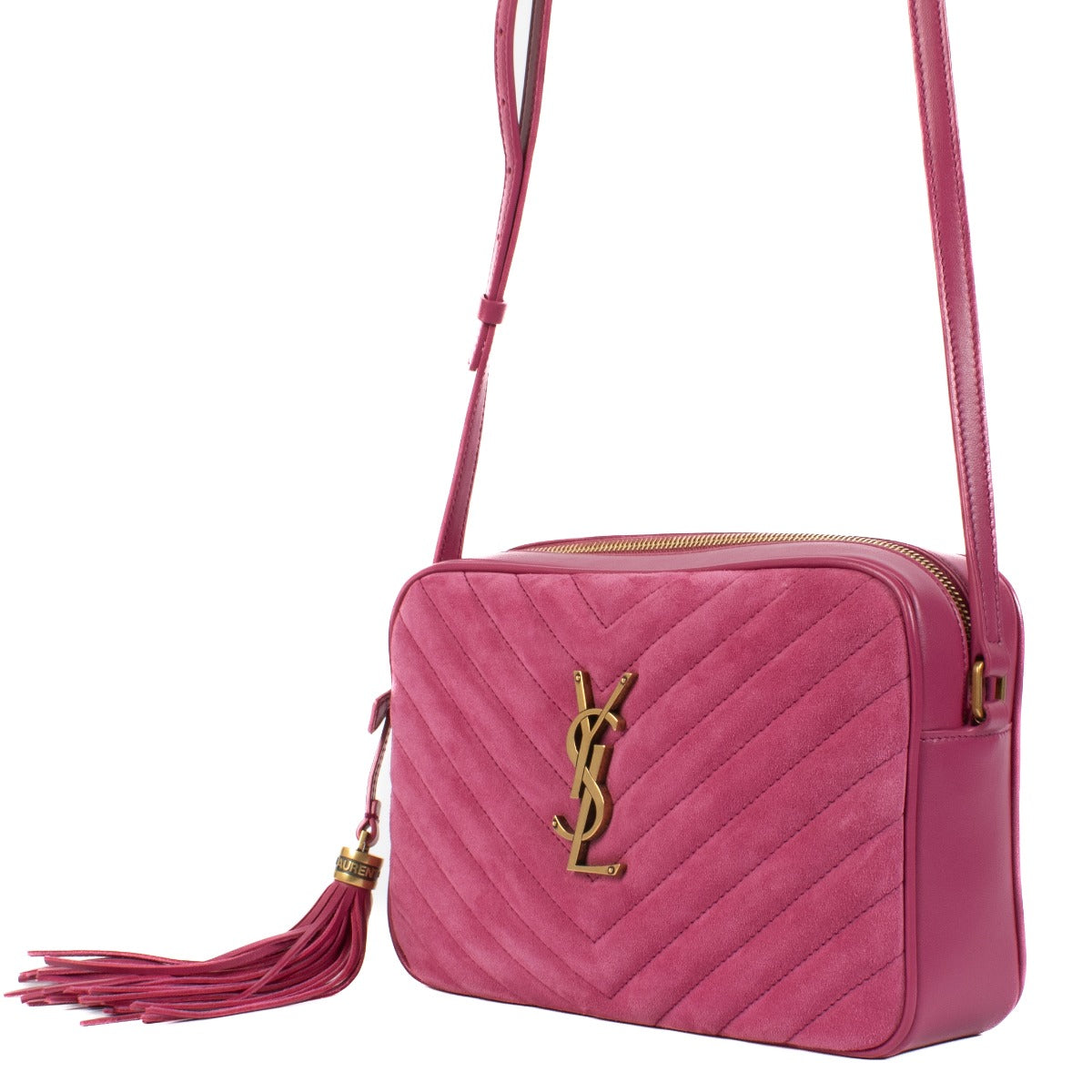 Shop safe online at Labellov in Antwerp, Brussels and Knokke this 100% authentic second hand Saint Laurent Pink Suede/Leather Lou Camera Bag