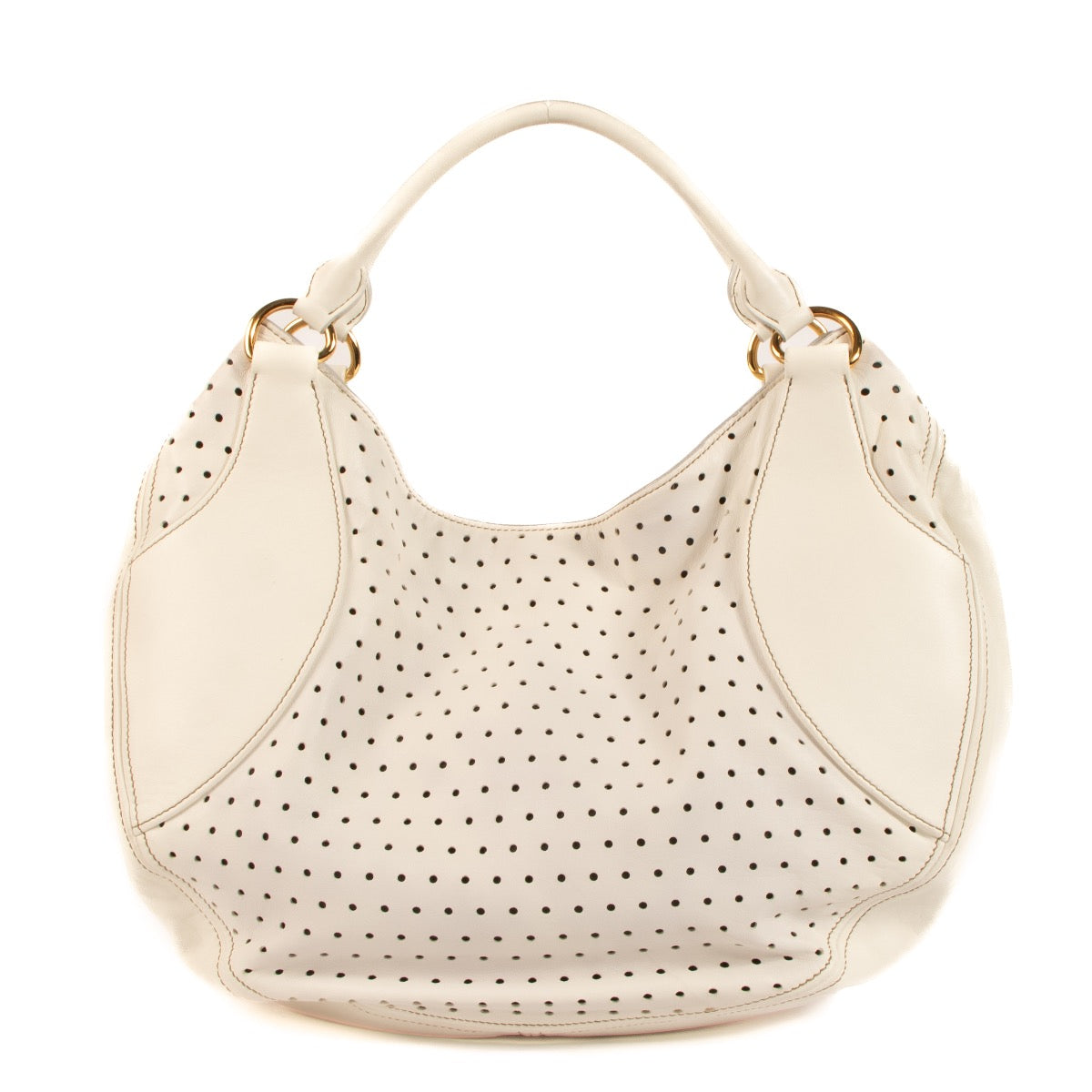 Shop safe online at Labellov in Antwerp, Brussels and Knokke this 100% authentic second hand Miu Miu White Perforated Large Hobo Bag