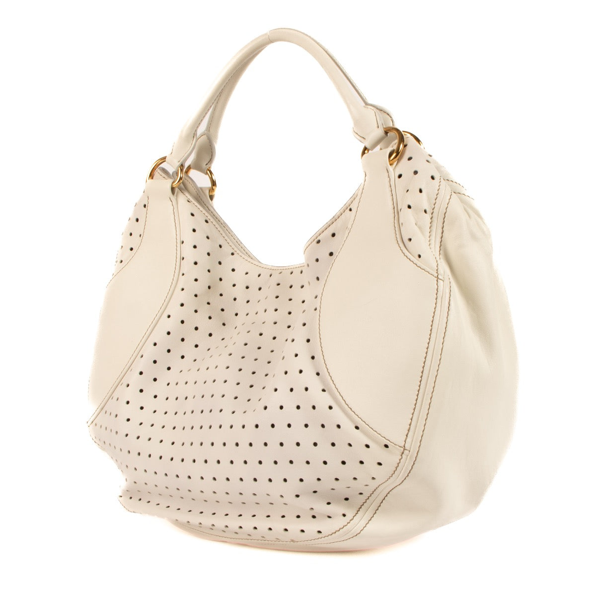 Shop safe online at Labellov in Antwerp, Brussels and Knokke this 100% authentic second hand Miu Miu White Perforated Large Hobo Bag
