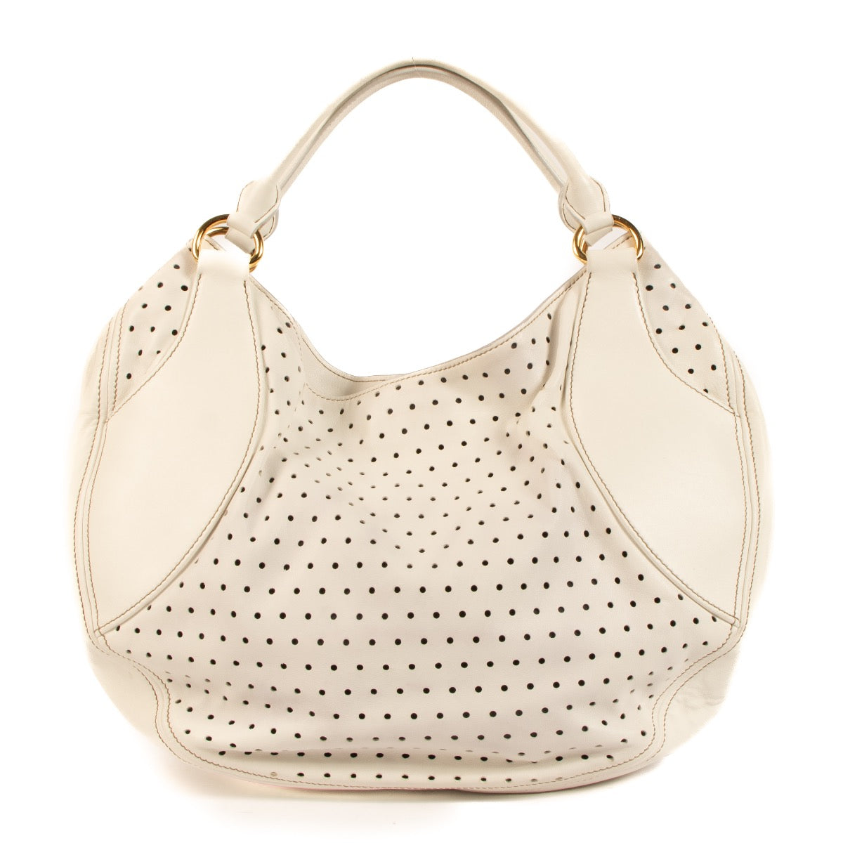 Shop safe online at Labellov in Antwerp, Brussels and Knokke this 100% authentic second hand Miu Miu White Perforated Large Hobo Bag
