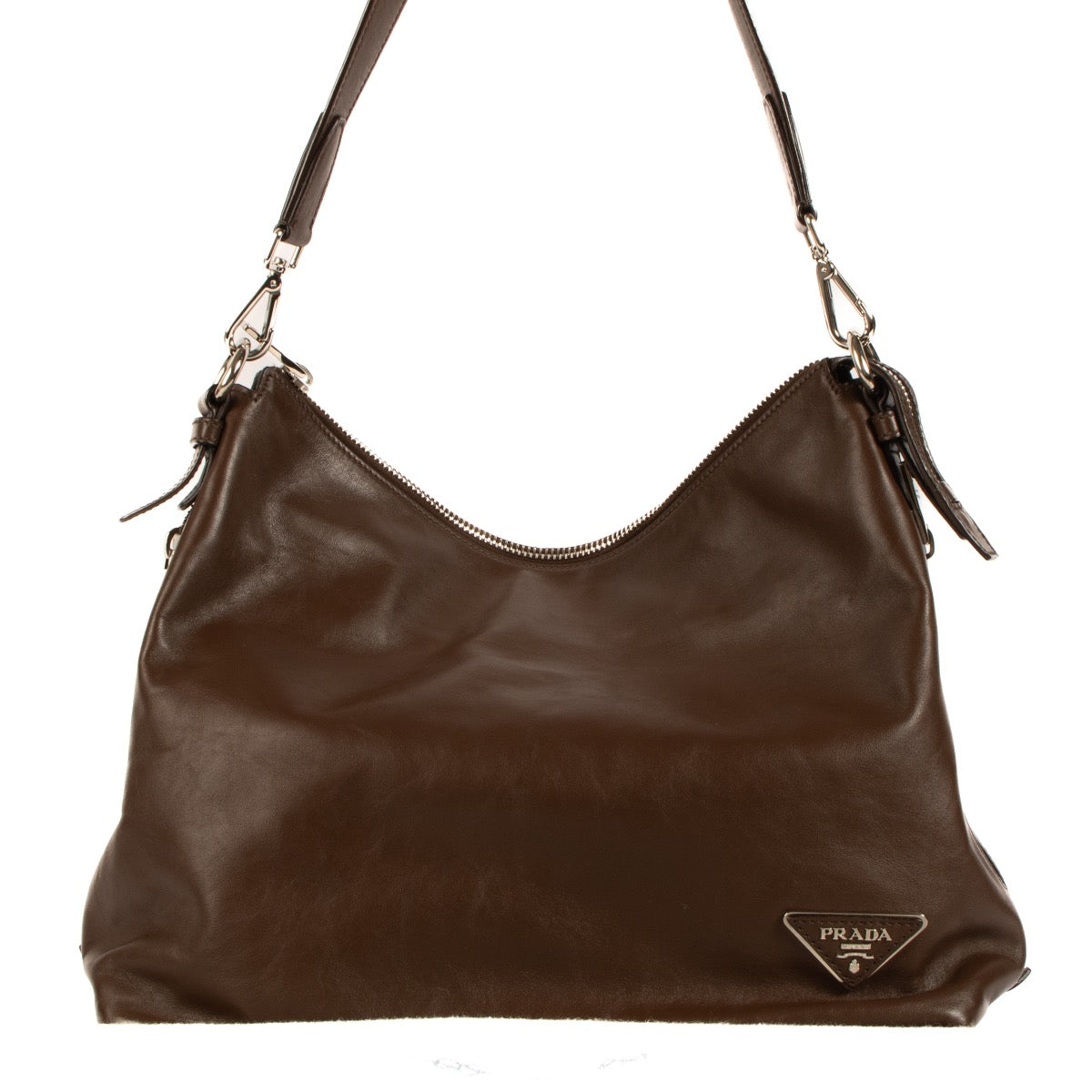 Shop safe online at Labellov in Antwerp, Brussels and Knokke this 100% authentic second hand Prada Brown Cervo Leather Hobo Bag