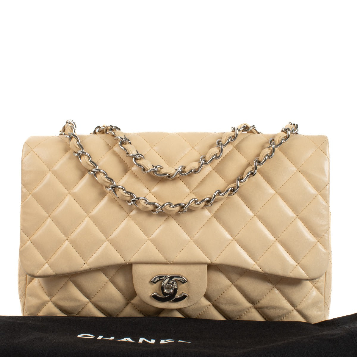 Chanel Beige Lamsleren Grote Klassieke Enkele Klep Tas