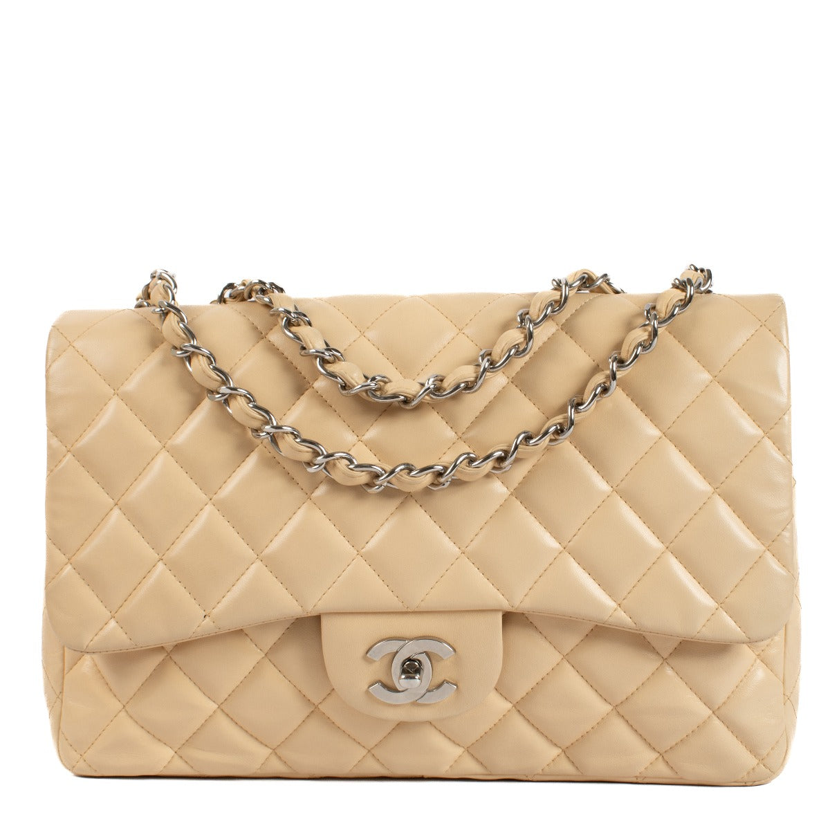 Chanel Beige Lamsleren Grote Klassieke Enkele Klep Tas
