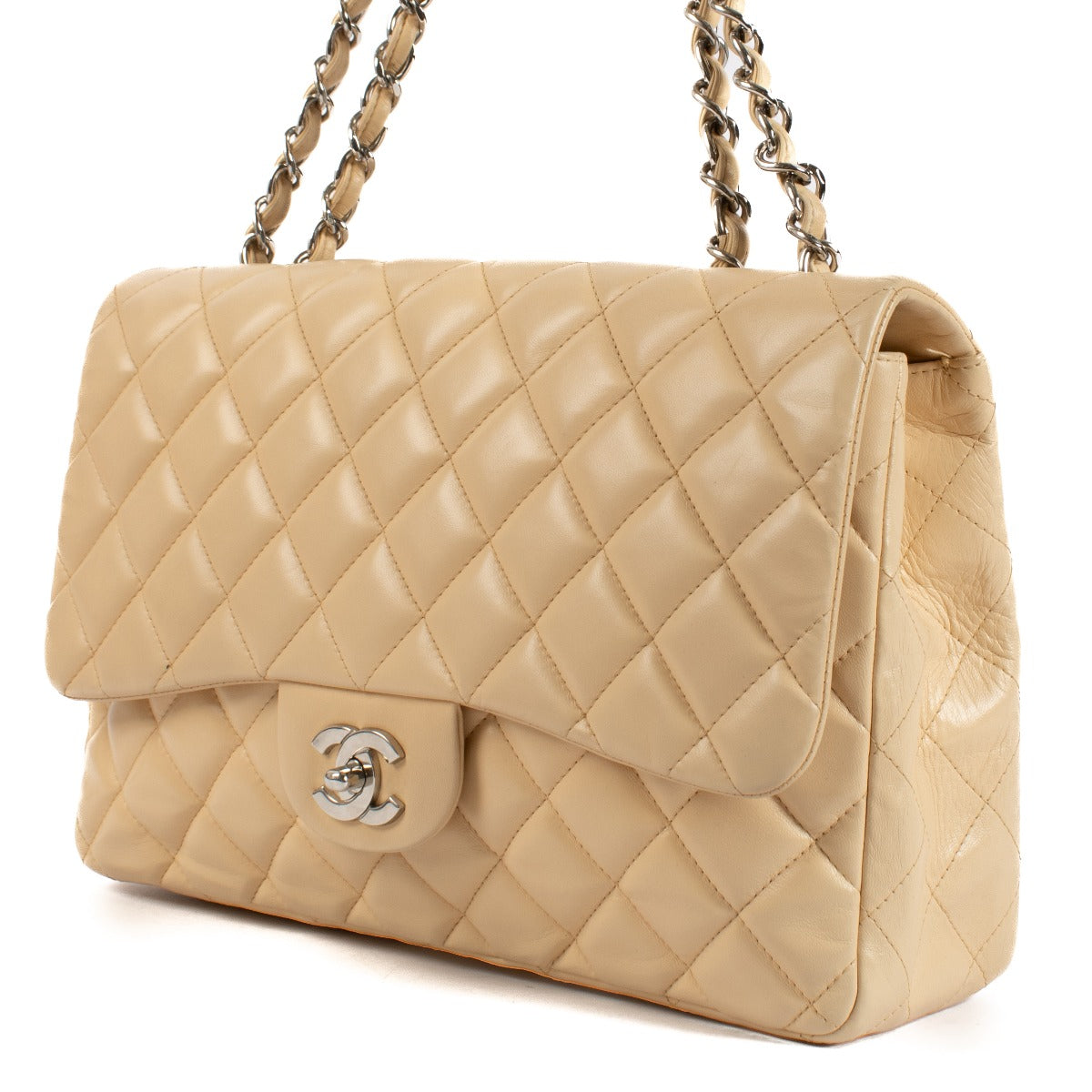 Chanel Beige Lamsleren Grote Klassieke Enkele Klep Tas