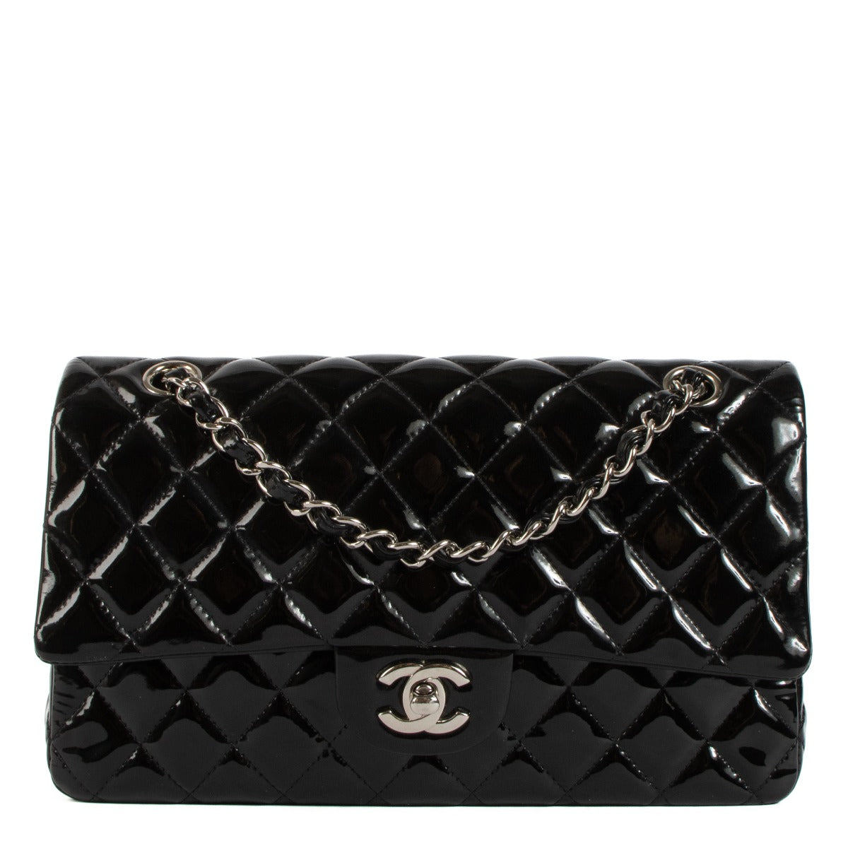 Shop safe online at Labellov in Antwerp, Brussels and Knokke this 100% authentic second hand Chanel Black Patent Leather Medium Classic Flap Bag