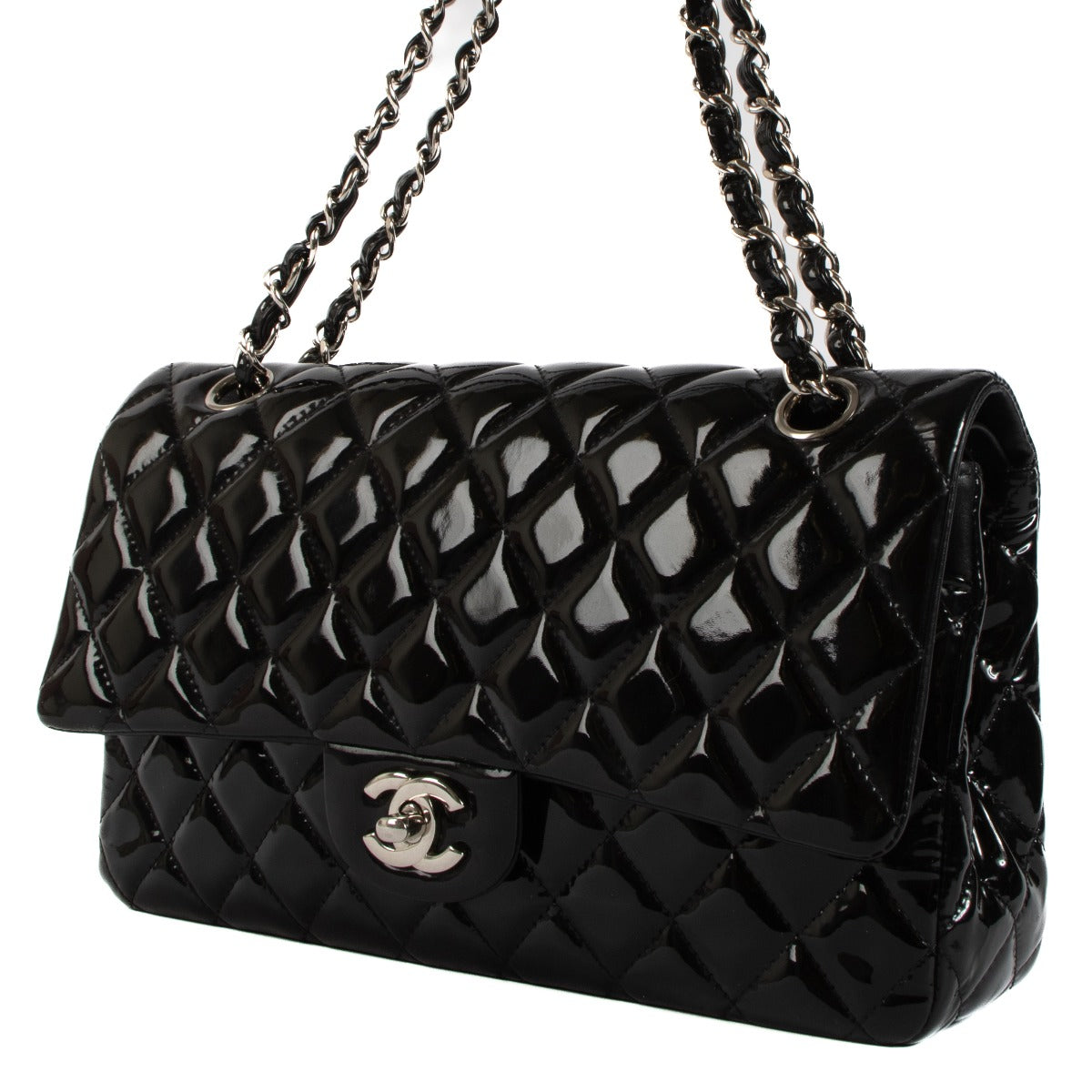 Shop safe online at Labellov in Antwerp, Brussels and Knokke this 100% authentic second hand Chanel Black Patent Leather Medium Classic Flap Bag