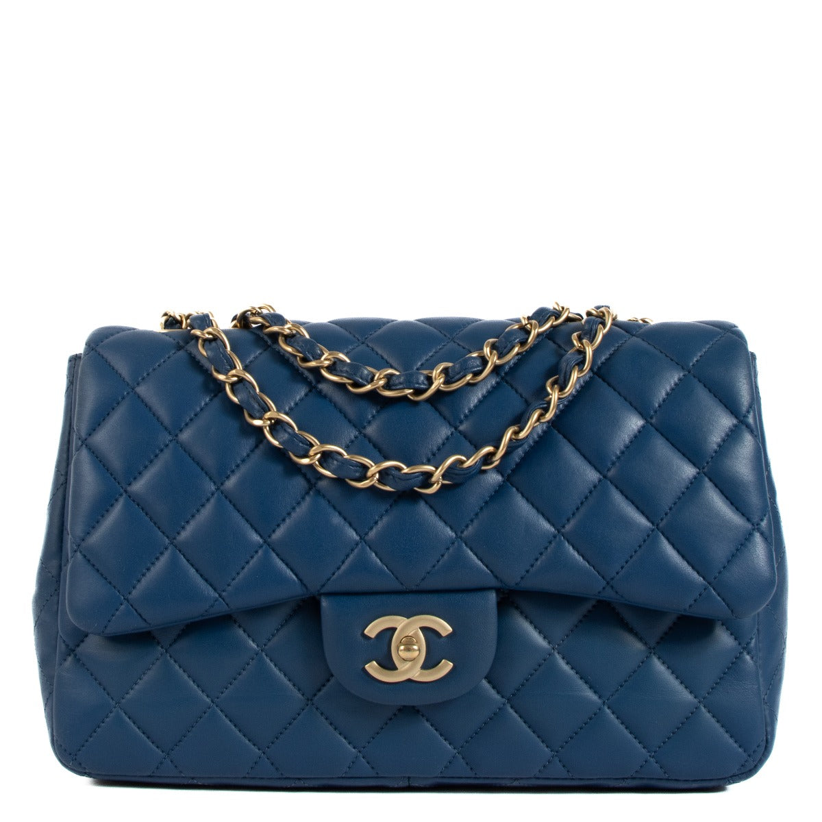 Shop safe online at Labellov in Antwerp, Brussels and Knokke this 100% authentic second hand Chanel Blue Lambskin Large Classic Single Flap Bag