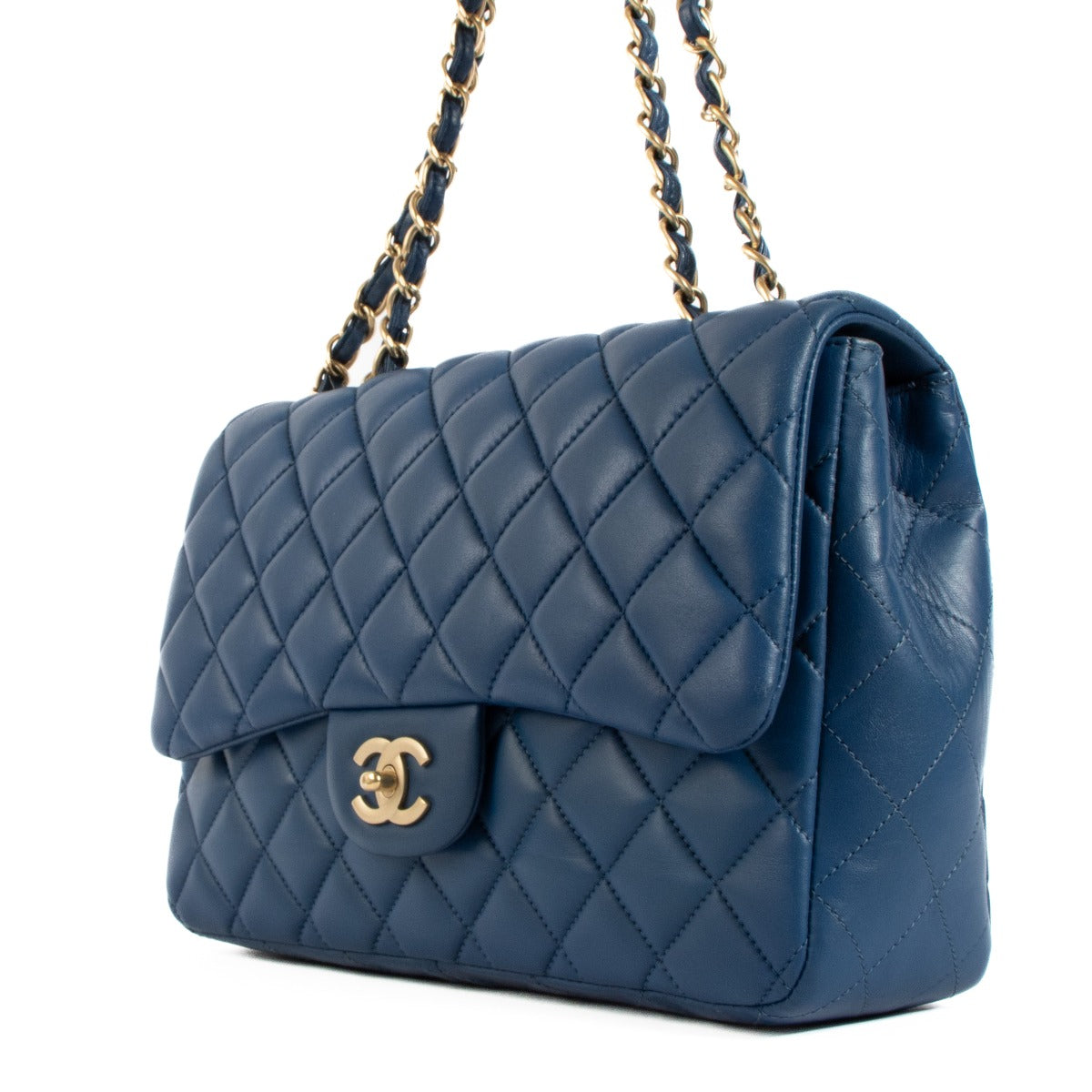 Shop safe online at Labellov in Antwerp, Brussels and Knokke this 100% authentic second hand Chanel Blue Lambskin Large Classic Single Flap Bag