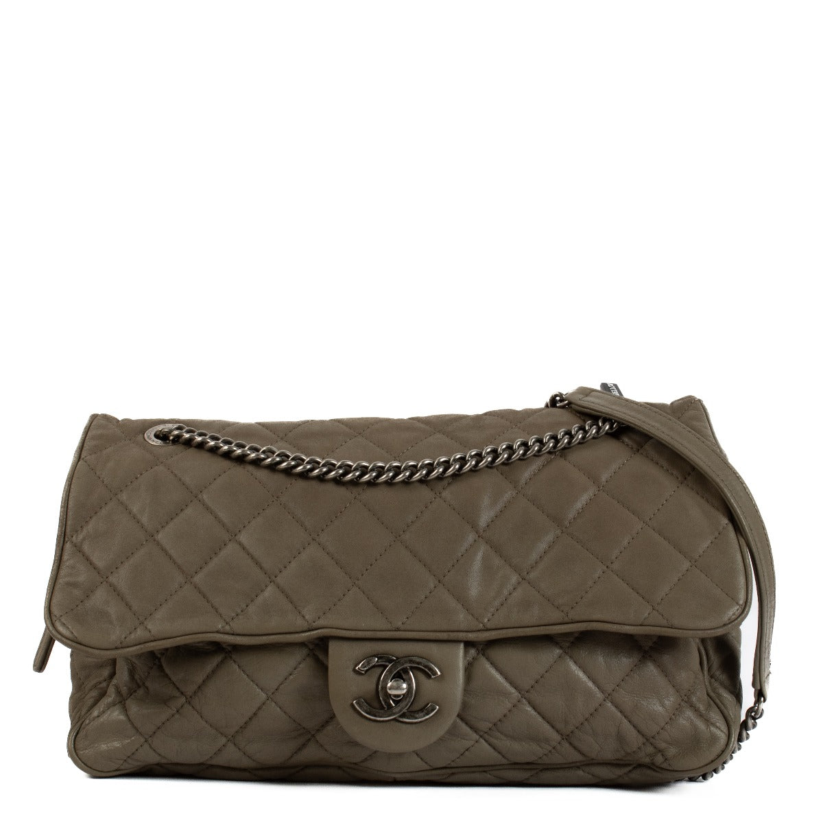 Chanel Khaki Quilted Iridescent Calfskin Large Shiva Flap Bag