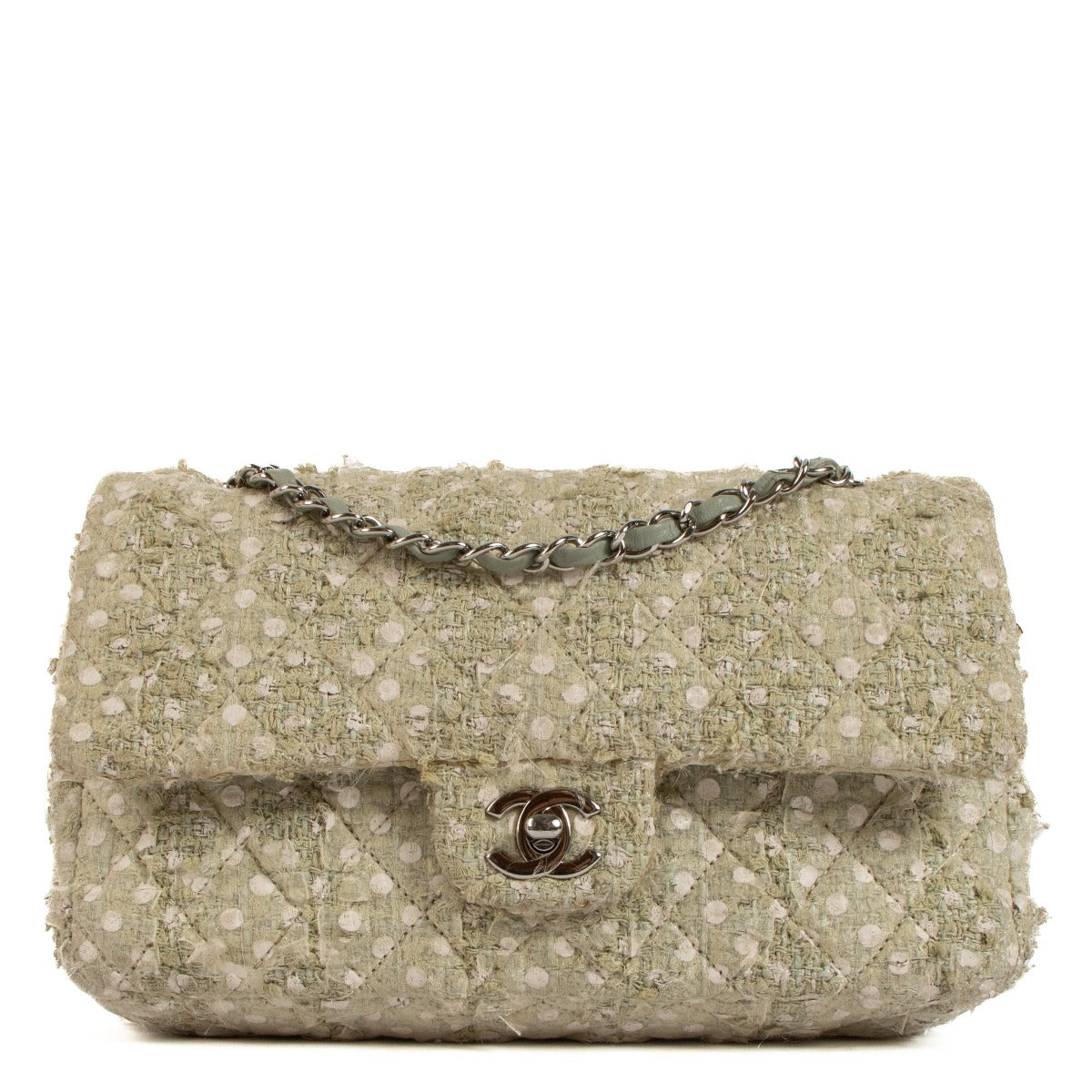 Shop safe online at Labellov in Antwerp, Brussels and Knokke this 100% authentic second hand Chanel Mint Green Tweed Medium Classic Double Flap Bag