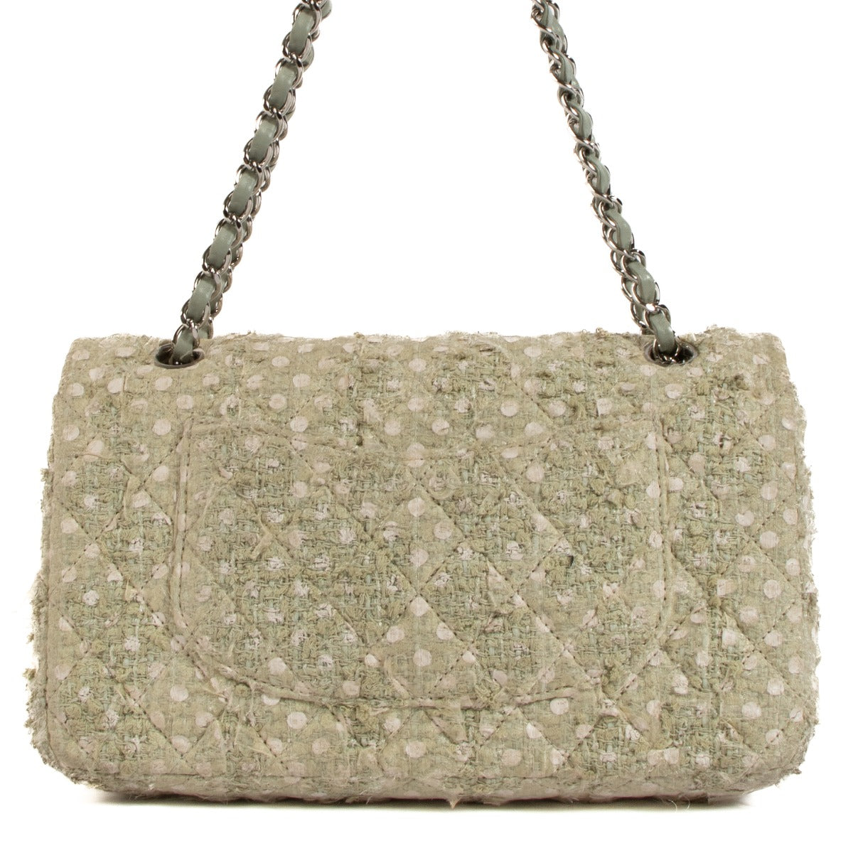 Shop safe online at Labellov in Antwerp, Brussels and Knokke this 100% authentic second hand Chanel Mint Green Tweed Medium Classic Double Flap Bag