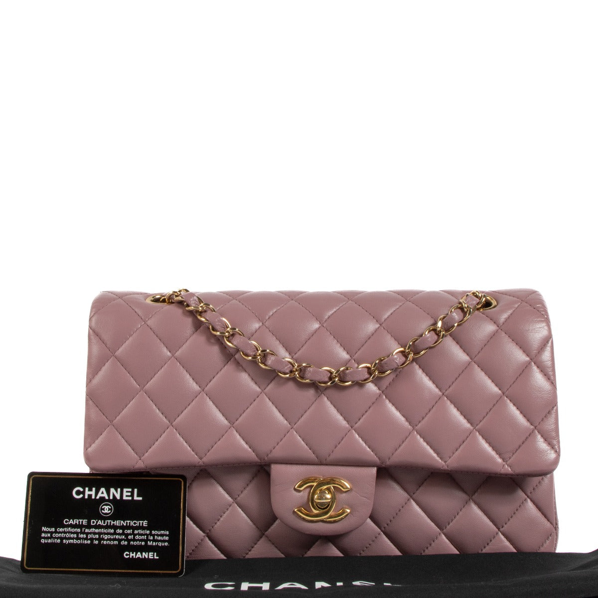 Shop safe online at Labellov in Antwerp, Brussels and Knokke this 100% authentic second hand Chanel Pink Lambskin Medium Classic Double Flap Bag