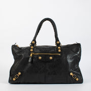 Balenciaga Black Work Bag with Giant Gold Hardware. An iconic Balenciaga design in soft distressed leather and very good pre-loved condition.