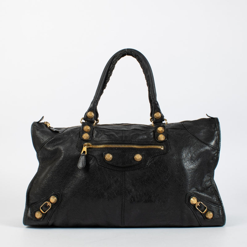Balenciaga Black Work Bag with Giant Gold Hardware. An iconic Balenciaga design in soft distressed leather and very good pre-loved condition.