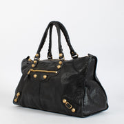 Balenciaga Black Work Bag with Giant Gold Hardware. An iconic Balenciaga design in soft distressed leather and very good pre-loved condition.