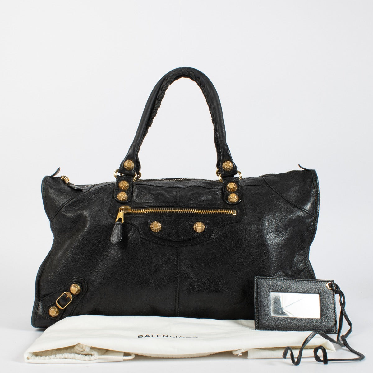 Balenciaga Black Work Bag with Giant Gold Hardware. An iconic Balenciaga design in soft distressed leather and very good pre-loved condition.