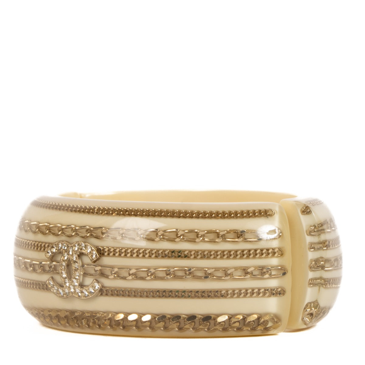 Shop 100% authentic Chanel CC Crystal Chain Cream Resin Wide Oval Cuff Bracelet at Labellov.com.