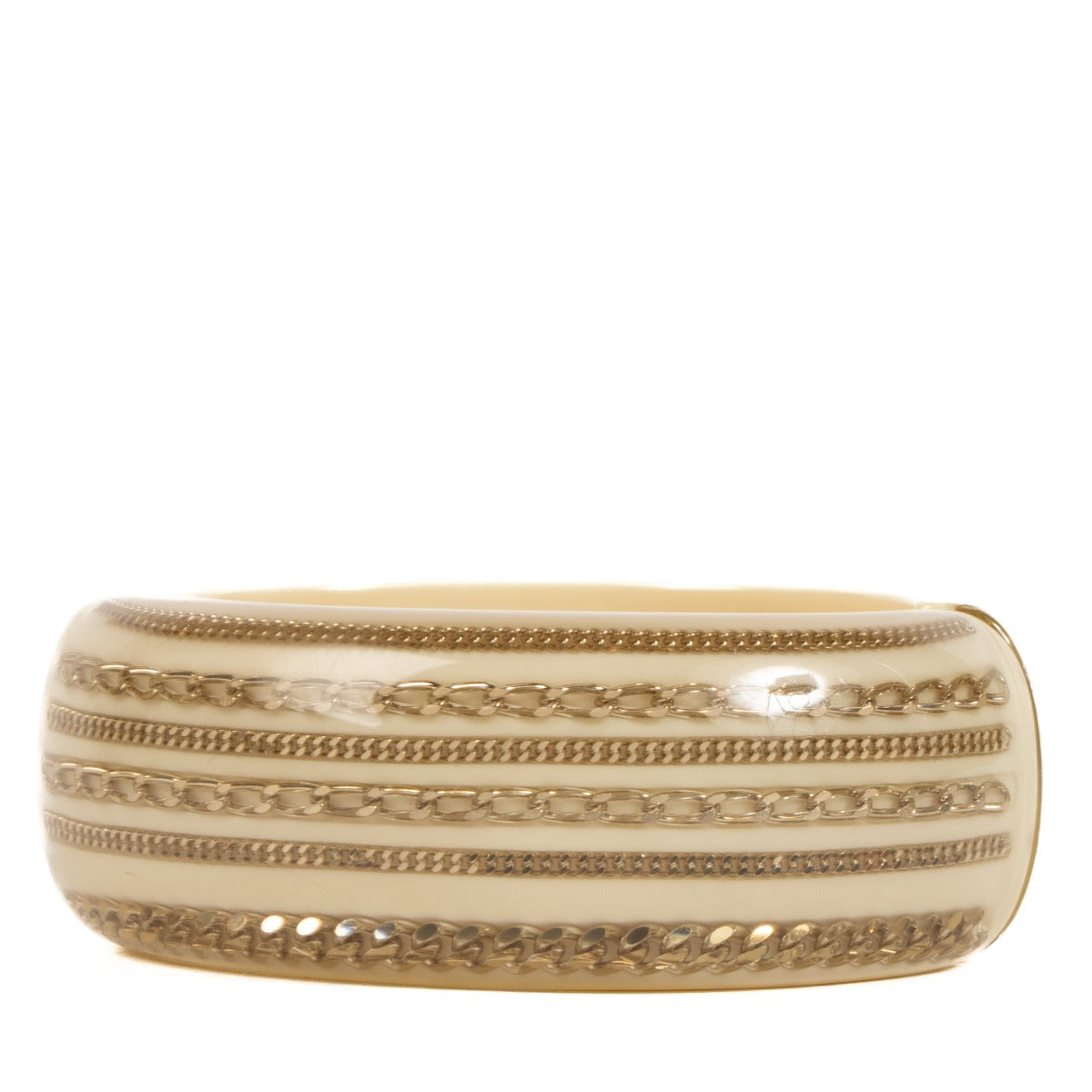 Shop 100% authentic Chanel CC Crystal Chain Cream Resin Wide Oval Cuff Bracelet at Labellov.com.