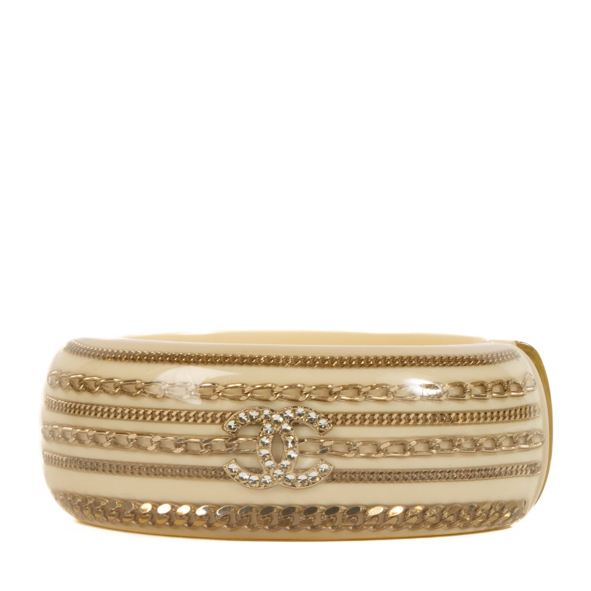 Shop 100% authentic Chanel CC Crystal Chain Cream Resin Wide Oval Cuff Bracelet at Labellov.com.