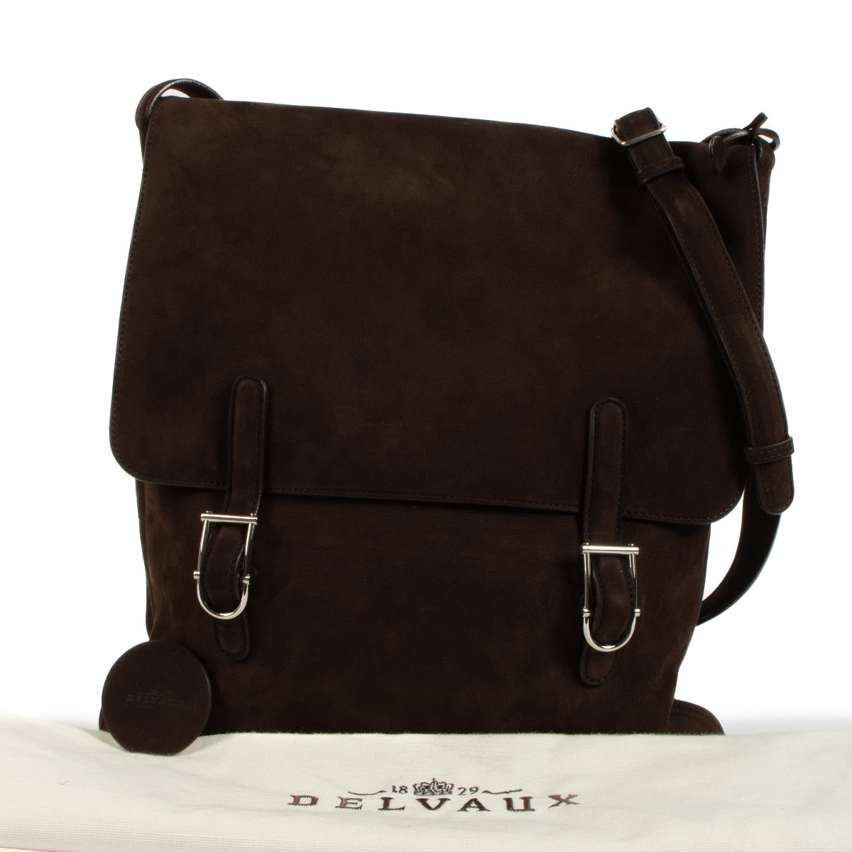 Shop safe online at Labellov in Antwerp, Brussels and Knokke this 100% authentic second hand Delvaux Dark Brown Santiag Kot Kot Messenger Crossbody