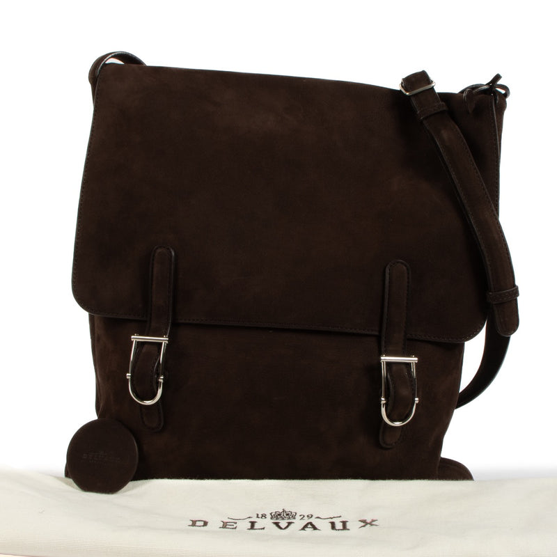 Shop safe online at Labellov in Antwerp, Brussels and Knokke this 100% authentic second hand Delvaux Dark Brown Santiag Kot Kot Messenger Crossbody
