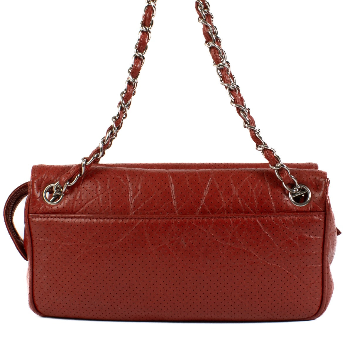 Shop safe online at Labellov in Antwerp, Brussels and Knokke this 100% authentic second hand Chanel Red Perforated Leather 50s Shoulder Bag