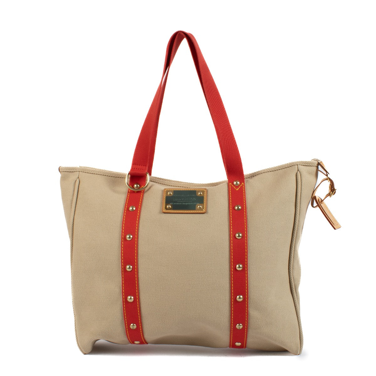 Louis Vuitton Red Beige Cloth Antigua Cabas GM Shoulder Bag for the best price at Labellov secondhand luxury in Antwerp, Brussels, Knokke.