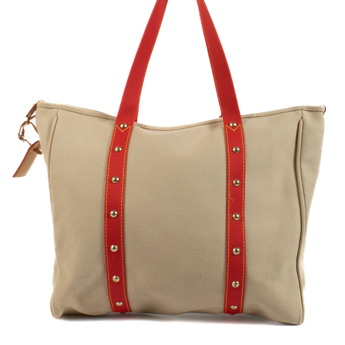 Louis Vuitton Red Beige Cloth Antigua Cabas GM Shoulder Bag for the best price at Labellov secondhand luxury in Antwerp, Brussels, Knokke.